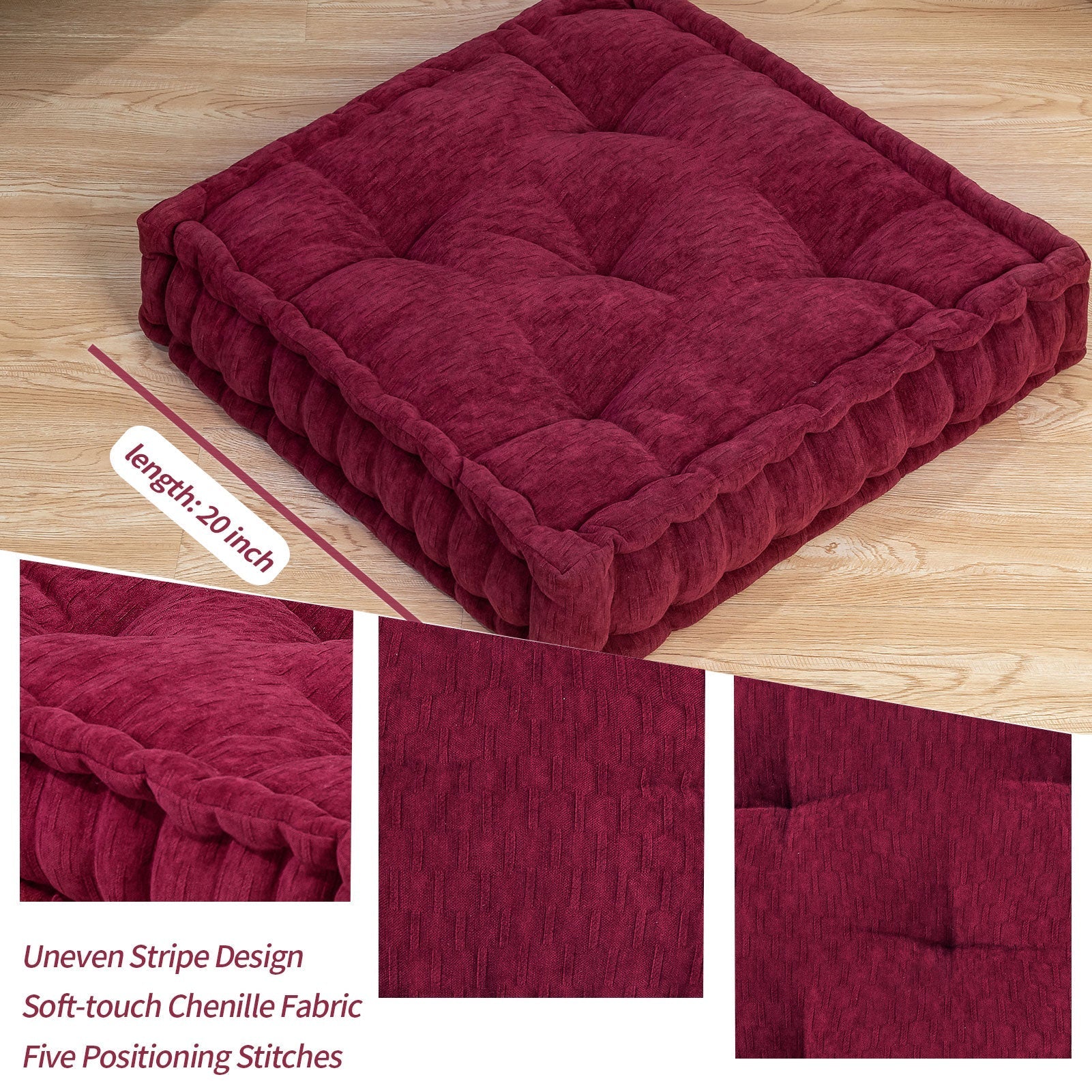 MAXYOYO Square Chenille Floor Pillow, Wine, 20"x20"x5.5"