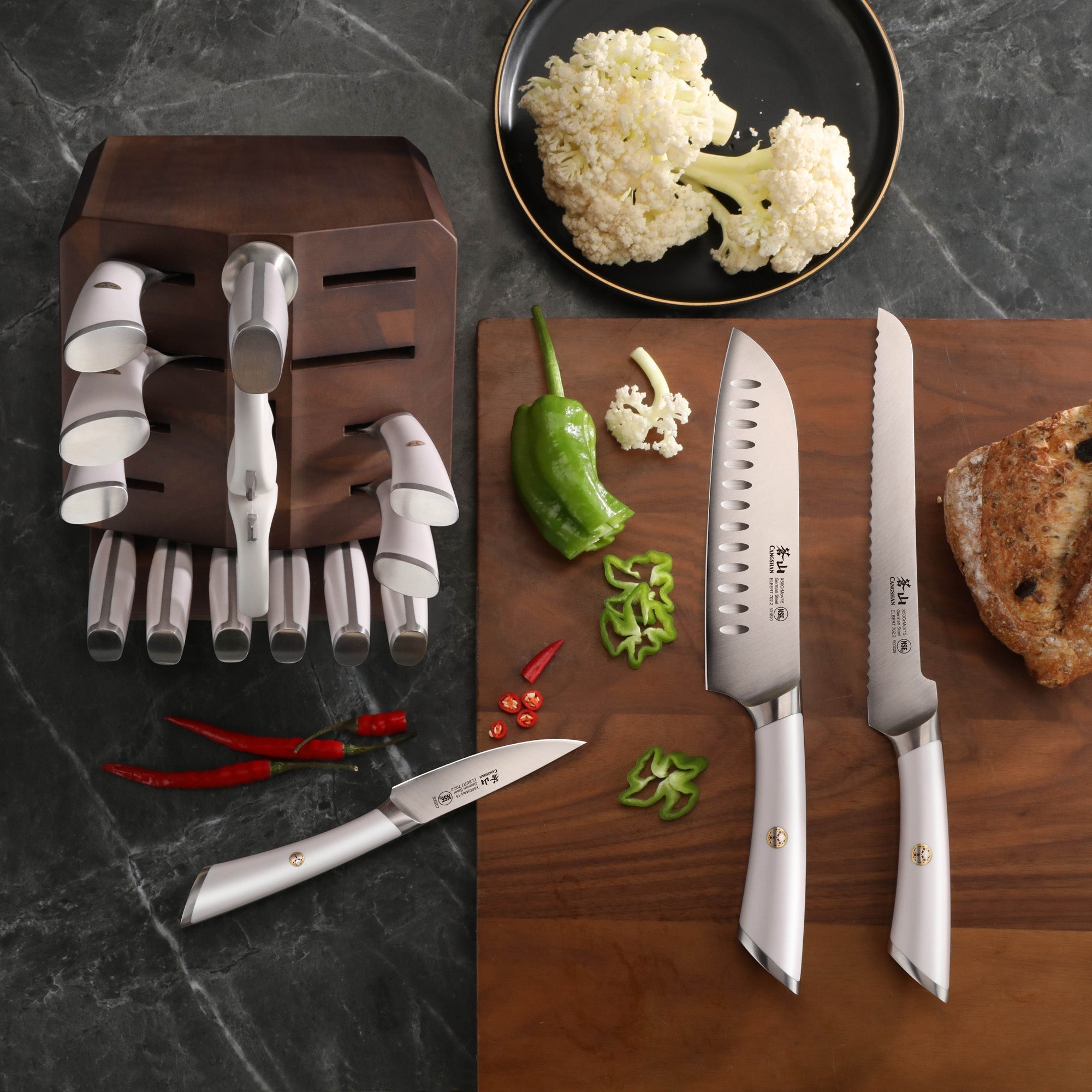 ELBERT Series 17-Piece Knife Block Set, Forged German Steel, Acacia Block