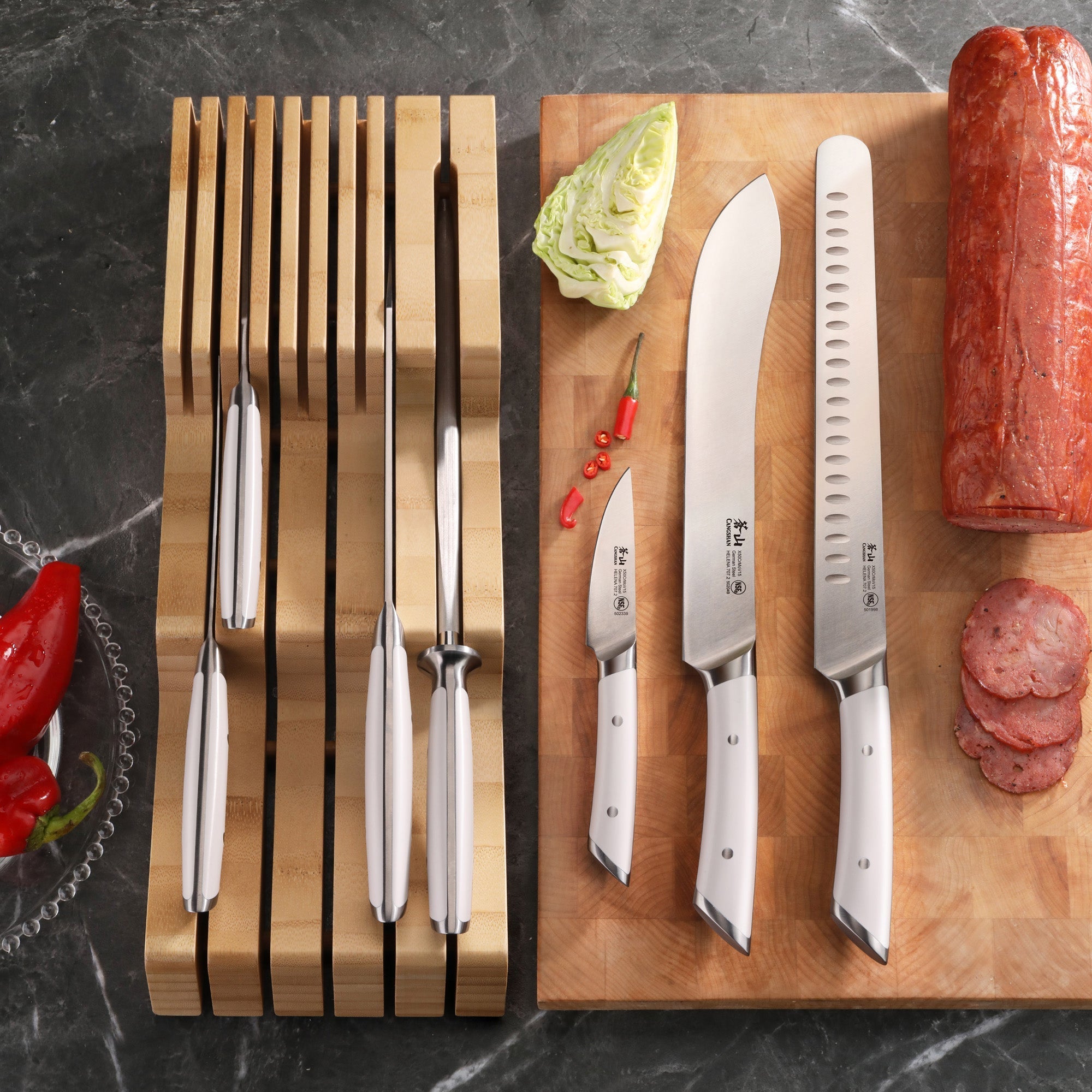 HELENA Series 8-Piece In-Drawer BBQ Knife Set, Forged German Steel, Bamboo Tray