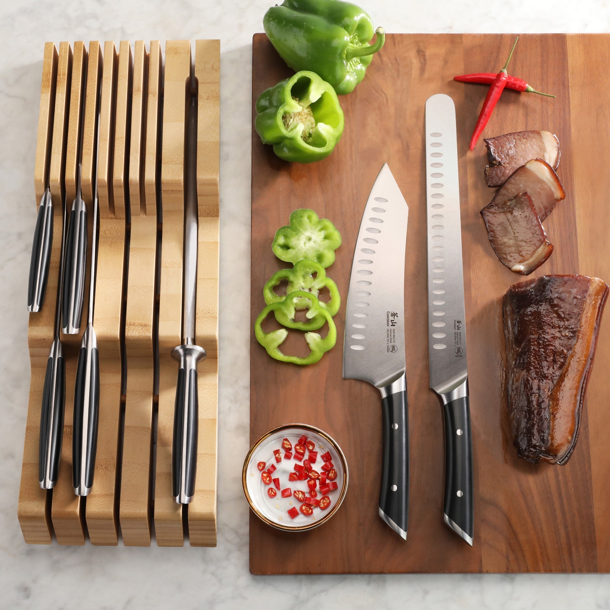 HELENA Series 8-Piece In-Drawer BBQ Knife Set, Forged German Steel, Bamboo Tray