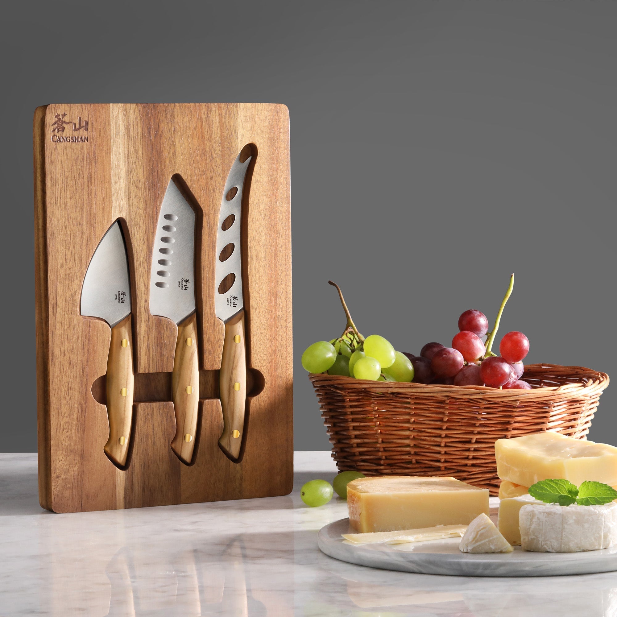 3-Piece Olive Wood Cheese Knife Set with Acacia Cheese Board, 1027327