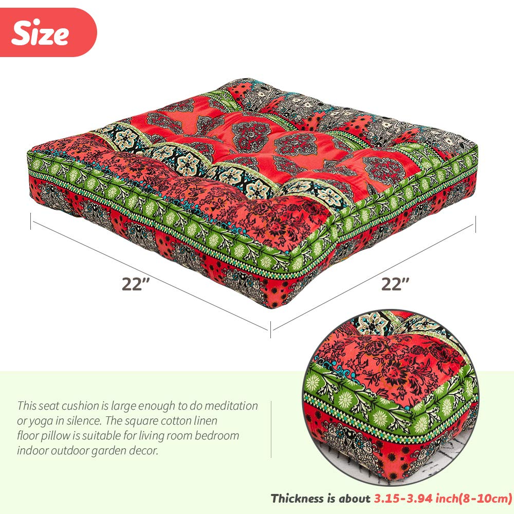 MAXYOYO Square Bohemian Floor Cushion, for Yoga Living Room Sofa Balcony Outdoor, Red, 22x22 Inch