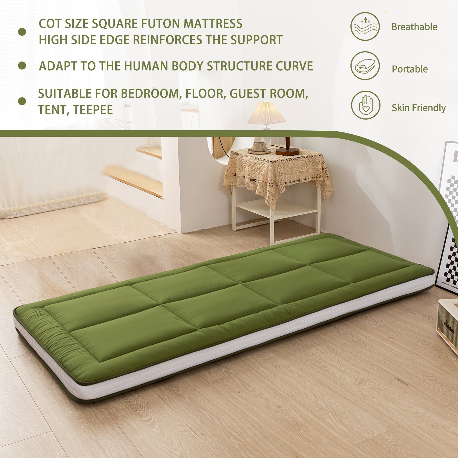 MAXYOYO Padded Japanese Floor Mattress, Green Foldable Roll Up Futon Mattress