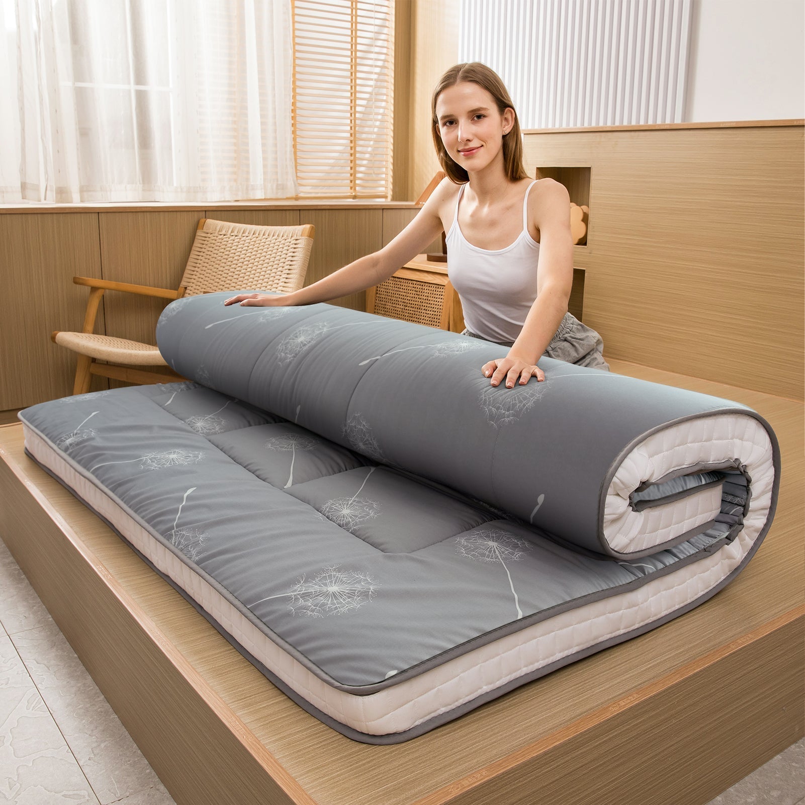 MAXYOYO Futon Mattress Japanese Floor Mattress, Grey Dandelion Pattern Futon Mattress