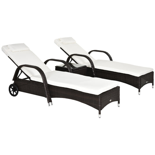 Outsunny 3-Piece Wicker Lounge Chair Set, Outdoor Loungers with Armrests, Cushion & Headrest, Side Table & Wheels， Brown