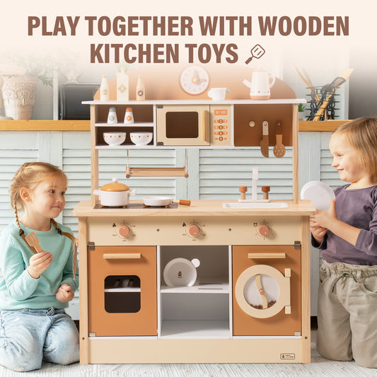 ROBUD Wooden Play Kitchen with Realistic Accessories-Caramel