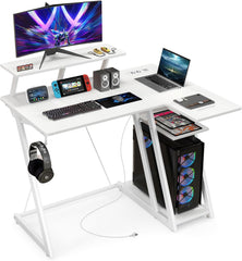 Tangkula L Shaped Gaming Desk with Power Outlets, Small Gaming Computer Desk 39inch with Storage Shelf