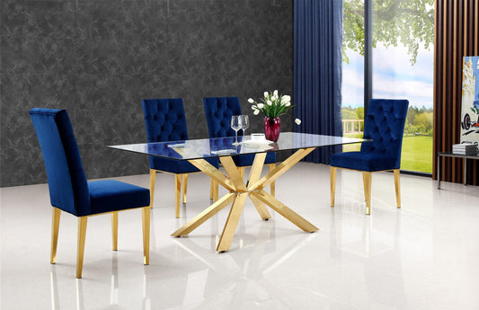 Capri Dining Table - Contemporary Glass Top with Gold Stainless Steel Base, 78" Wide, Chic Design!