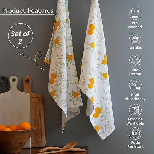 Printed Cotton Kitchen Towels Set of 2 - Lemon & Sage