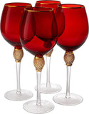 Large Diamond Wine Glasses, 10" H Gold Rim Rhinestone (4, Red)