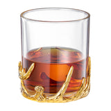 Gold Antler Double Old Fashioned Whiskey Glass, 11.84 oz DOF Tumbler with Decorative Base, Heavy Glassware for Bourbon, Cocktails, Rustic Lodge Bar, Western Decor, Unique Gift for Him or Dad