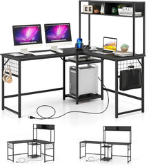 Tangkula L-Shaped Desk with Power Outlet, Large Corner Desk Converts to 2-Person Long Desk with Hutch