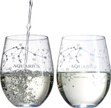 Set of 2 Zodiac Sign Wine Glasses with 2 Wooden Coasters (Aquarius)