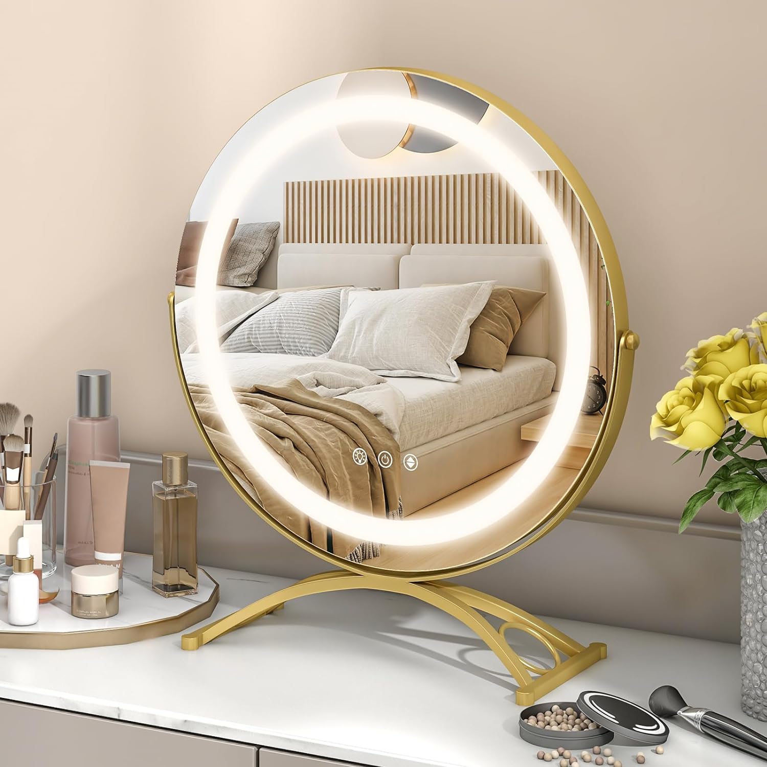 Tangkula 16" Vanity Mirror with Lights, 3 Color Dimmable LED Lighted Makeup Mirror with Touch Screen