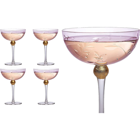 Colored Coupe Art Deco Glasses, Gold | Set of 4 | 8 oz (Pink)