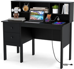 Tangkula Computer Desk with Drawers & Hutch, Modern Home Office Desk Writing Study Desk with Charging Station