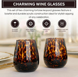 Khen Tortoise Leopard Wine Glasses Stylish Animal Print Break Resistant Acrylic Drinkware for Entertaining - Set of 2