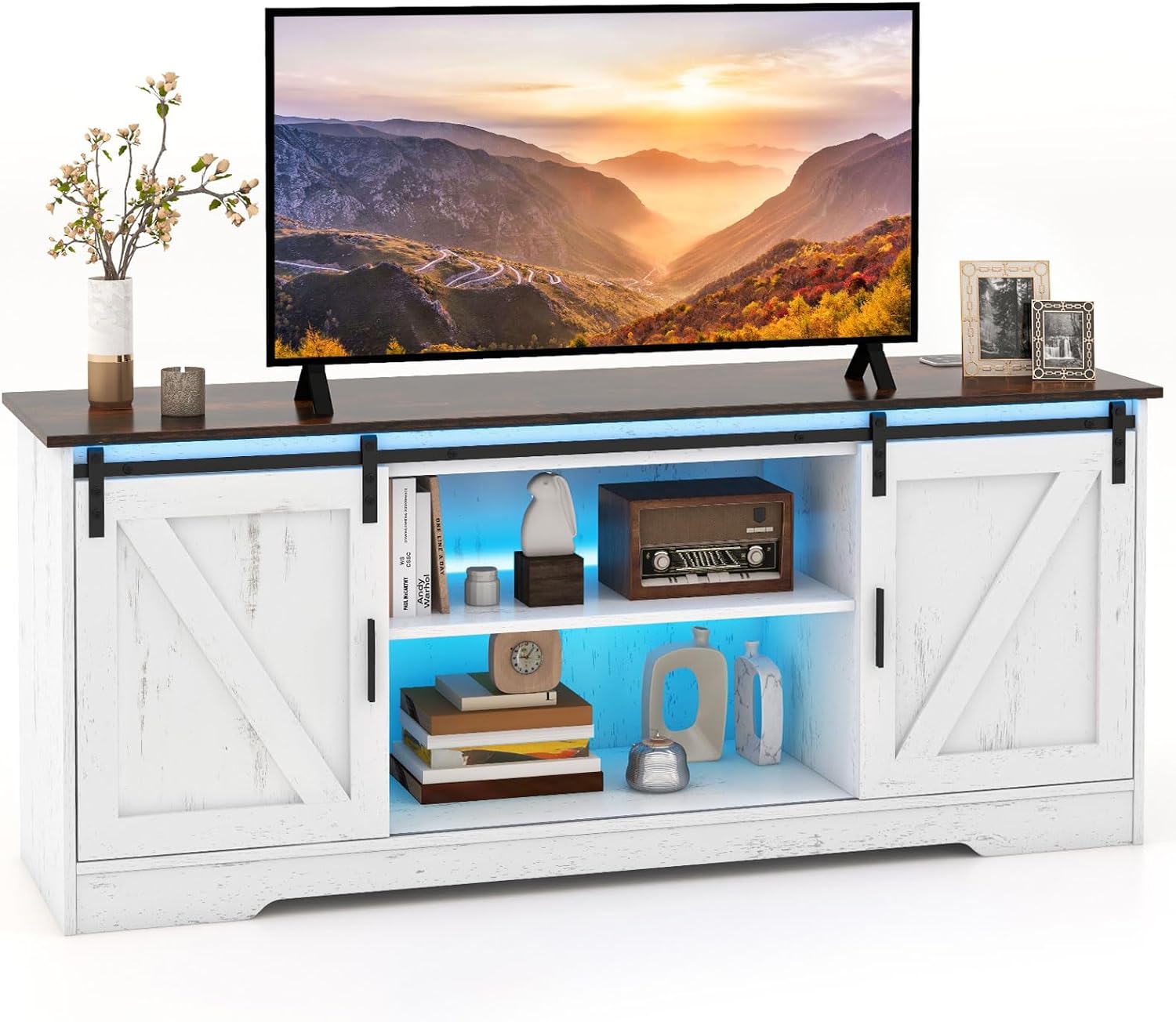 Tangkula LED TV Stand for 65” TVs, Sliding Barn Door Entertainment Center with Lights, Adjustable Brightness