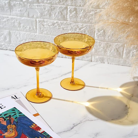 Colored Sunset Yellow & Gilded Rim Coupe Glass, 9oz