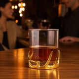 Gold Antler Double Old Fashioned Whiskey Glass, 11.84 oz DOF Tumbler with Decorative Base, Heavy Glassware for Bourbon, Cocktails, Rustic Lodge Bar, Western Decor, Unique Gift for Him or Dad