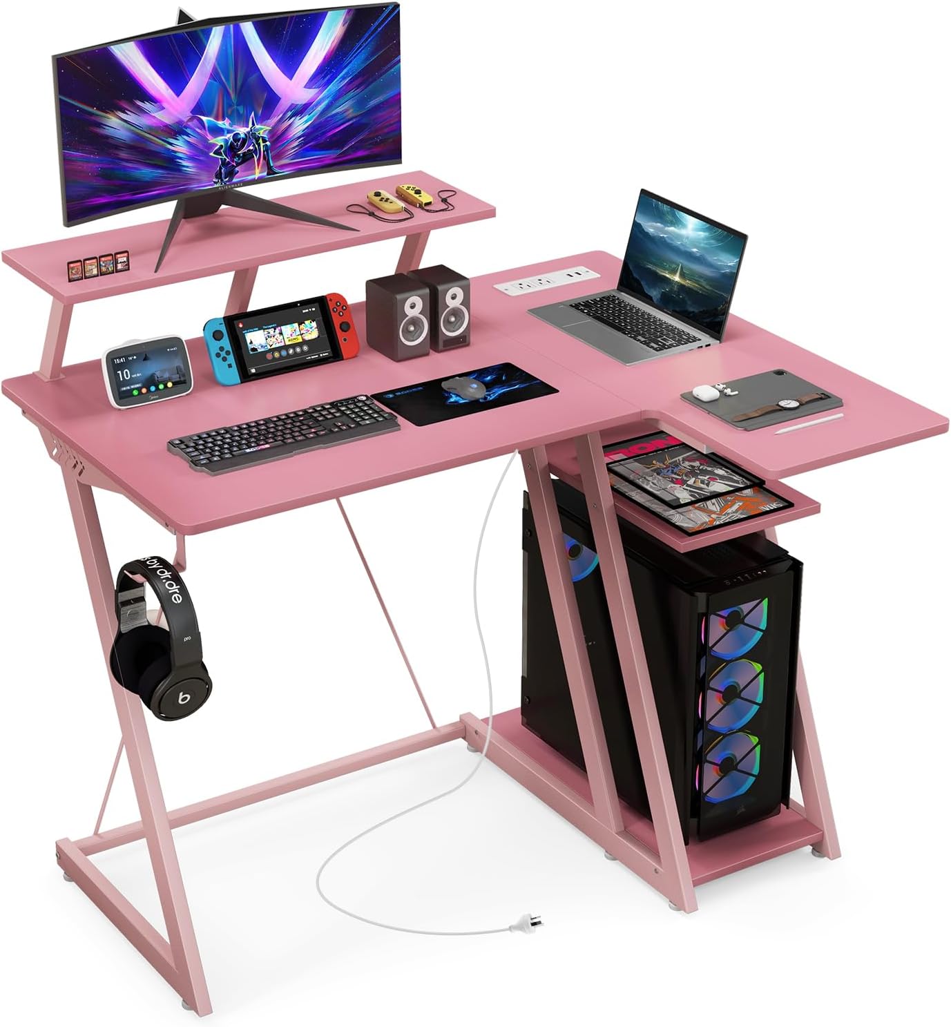 Tangkula L Shaped Gaming Desk with Power Outlets, Small Gaming Computer Desk 39inch with Storage Shelf