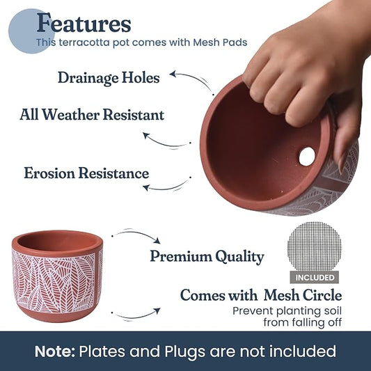 4-Inch Terracotta Planter with White Leaf Design – Boho Pot