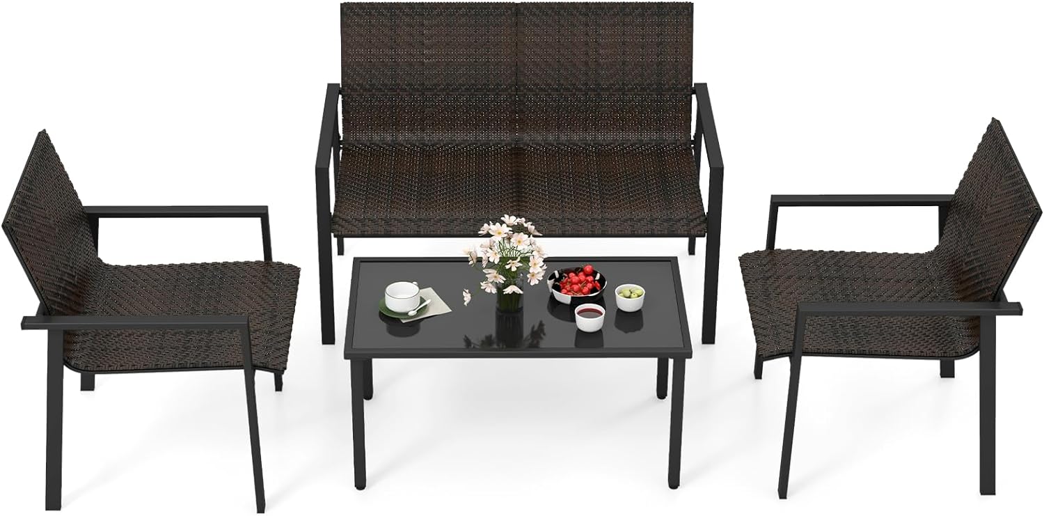 Tangkula 4 Pieces Patio Furniture Set, Patiojoy Heavy Duty Galvanized Metal Frame Outdoor Wicker Table and Chairs Set