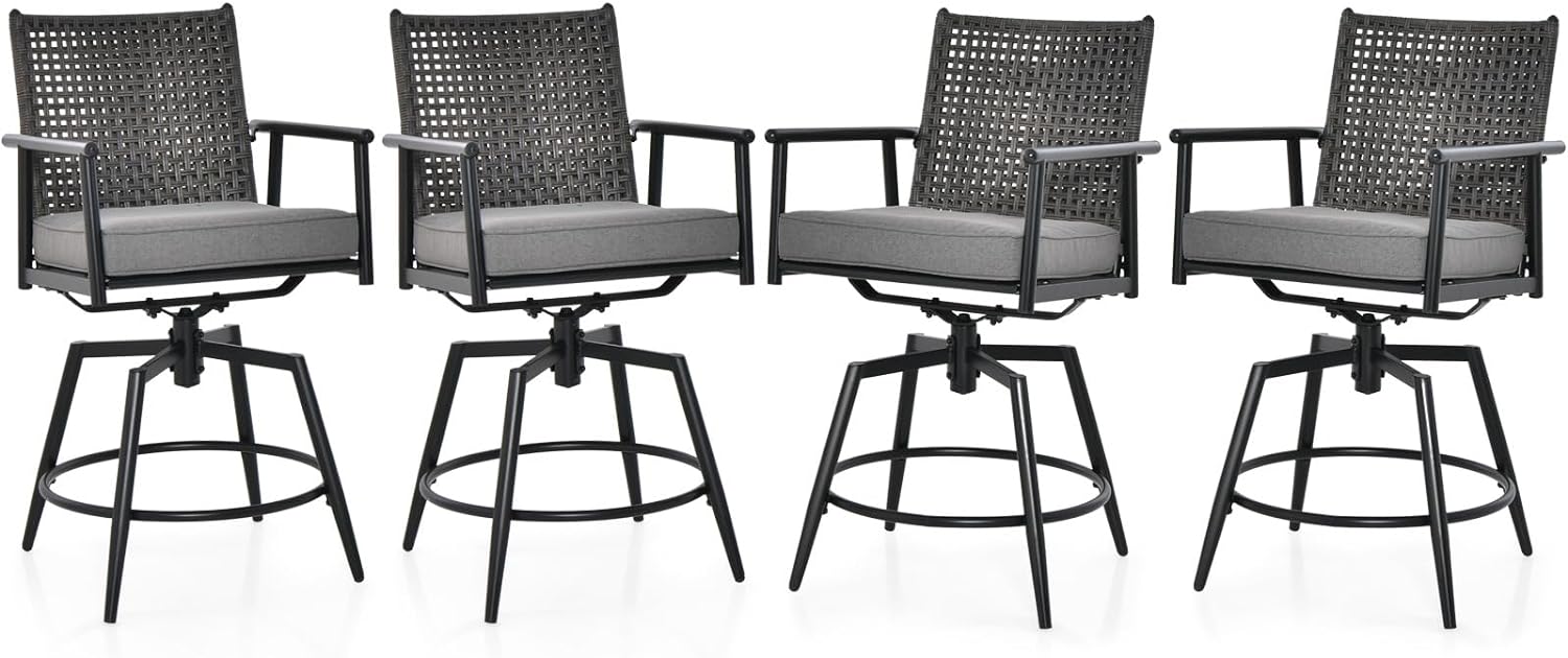 Tangkula Patio Swivel Bar Stools Set of 2, Outdoor Counter Height Bar Chairs with PE Rattan Back