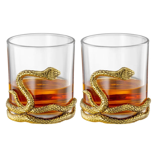 Snake Serpent Whiskey Glasses - 2 Glass Set Gold Design