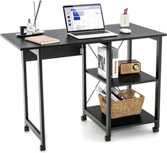 Tangkula Mobile Folding Computer Desk, Modern Writing Desk w/ 2-Tier Storage Shelves