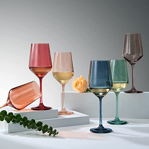 Colored Crystal Wine Glass Set of 6 - Large 12 oz Glasses (Pastel)