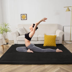 MAXYOYO Baby Play Mat, Coral Velvet Area Rug Thick Japanese Tatami Mat with Non-Slip Backing, Black