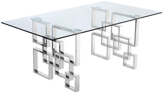 Alexis Modern Chrome Dining Table with Geometric Base & Clear Glass Top for Elegant Spaces
