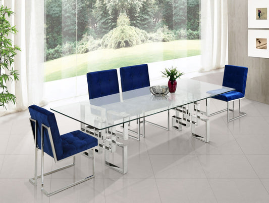 Alexis Modern Chrome Dining Table with Geometric Base & Clear Glass Top for Elegant Spaces