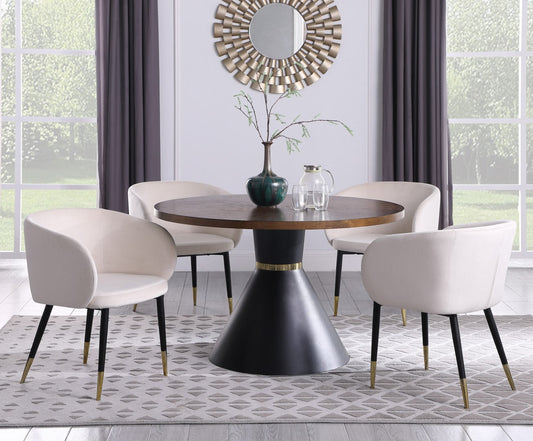 Sheridan Contemporary Dining Table with Elegant Ashburl Veneer Top & Matte Black Hourglass Base