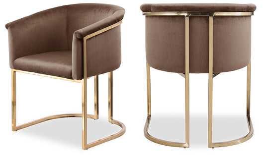 Tierra Brown Velvet Dining Chair – Elegant Barrel-Style Design with Brass Accents for Modern Spaces