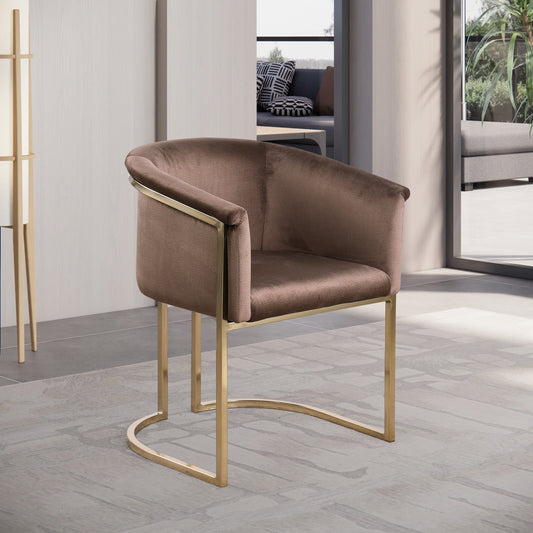 Tierra Brown Velvet Dining Chair – Elegant Barrel-Style Design with Brass Accents for Modern Spaces