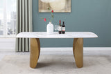 Niya Dining Table – Elegant Marble-Look Sintered Stone Top with Brushed Gold Curved Base Design