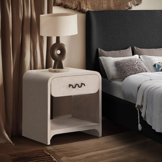 Medley Night Stand - Elegant Linen Textured Side Table with Matte Black Handle for Modern Spaces