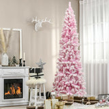 HOMCOM 7.5ft Tall Unlit Snow Flocked Artificial Christmas Tree Slim Pencil Xmas Tree with Pine Shape and Realistic Branches, Pink