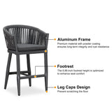 PURPLE LEAF Counter Stools Bar Stools Rattan Bar Stools Wicker Bar Chairs Woven Aluminum Barstools with Back and Cushions