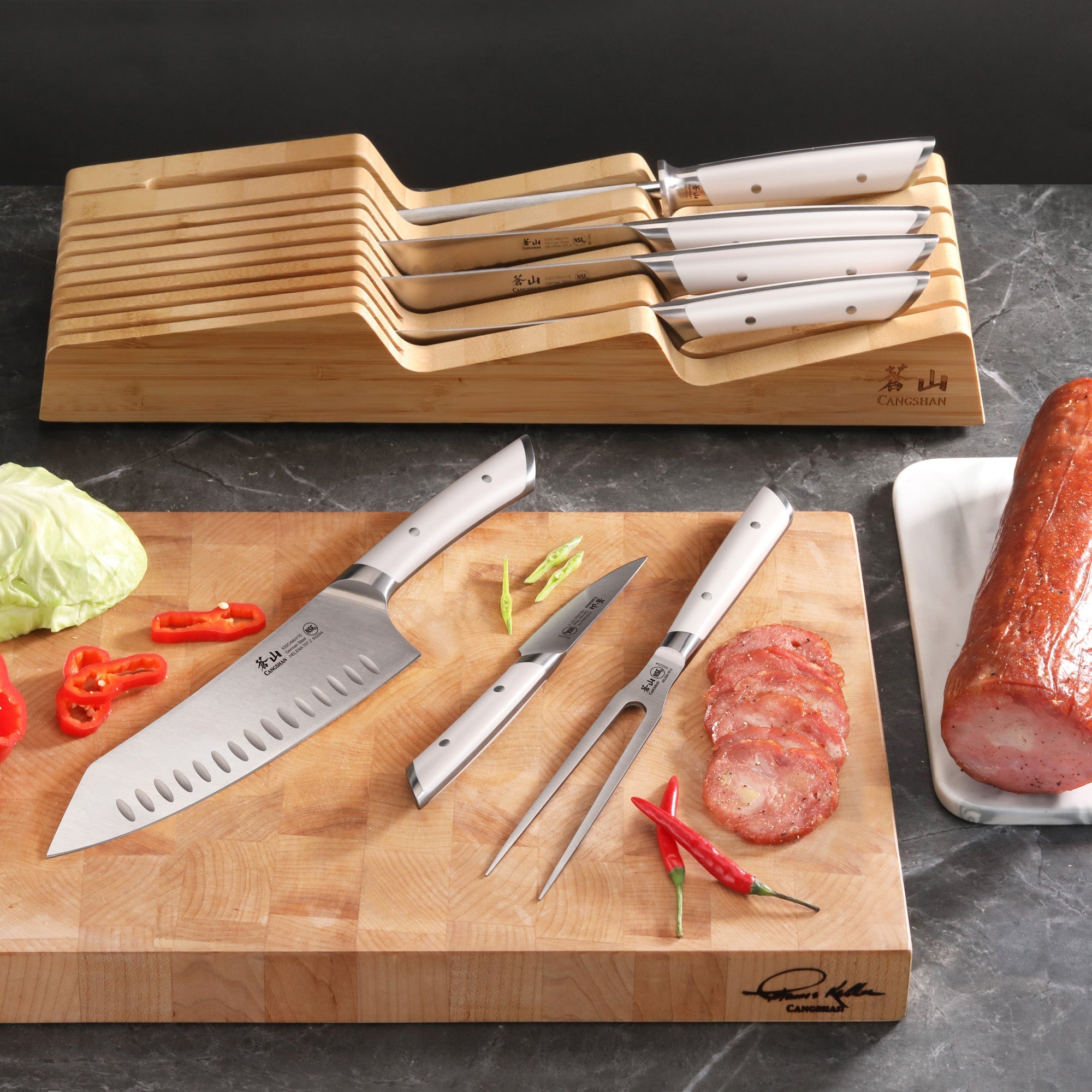 HELENA Series 8-Piece In-Drawer BBQ Knife Set, Forged German Steel, Bamboo Tray