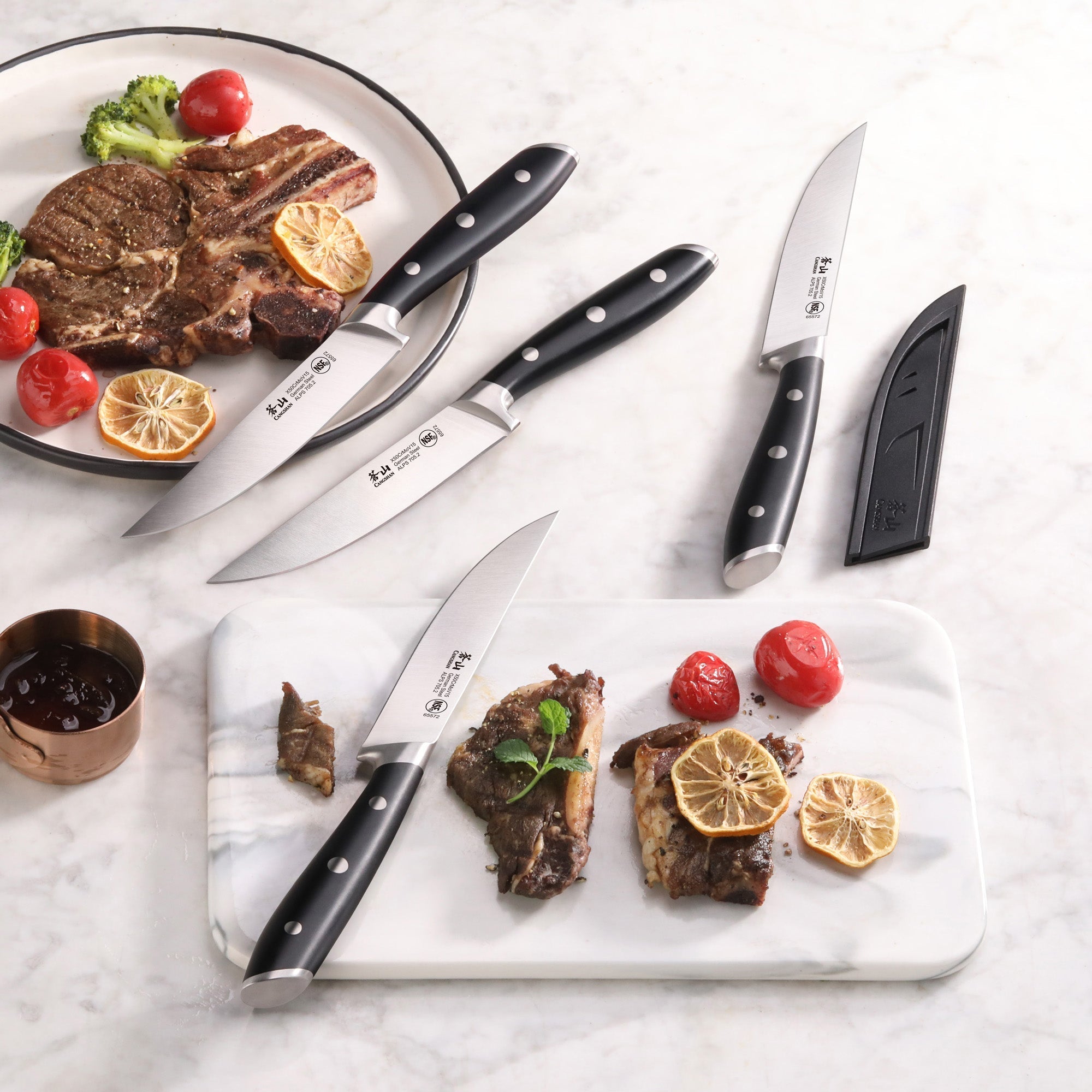 ALPS Series 4-Piece Steak Knife Set with Sheaths, Forged German Steel, Black, 502780