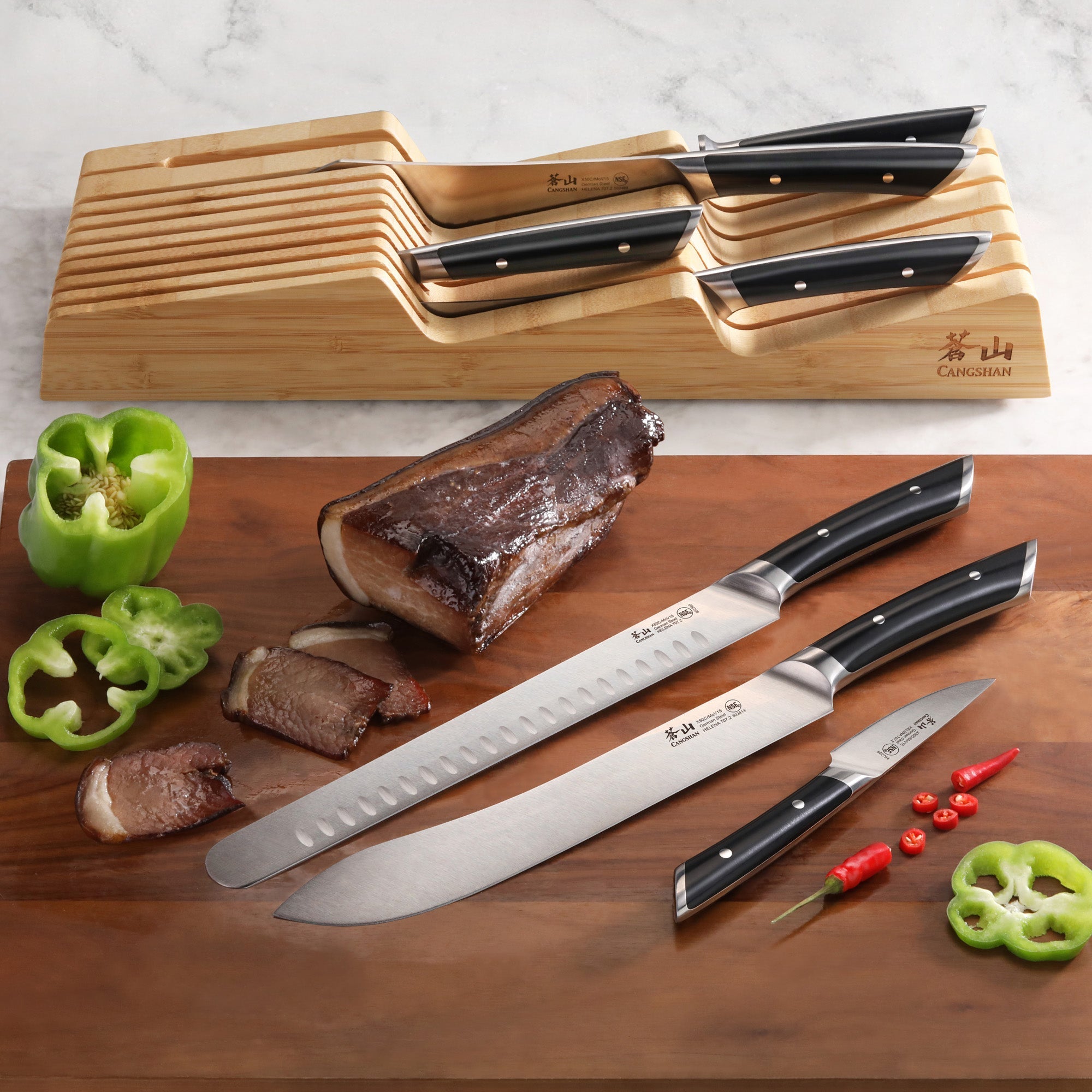 HELENA Series 8-Piece In-Drawer BBQ Knife Set, Forged German Steel, Bamboo Tray