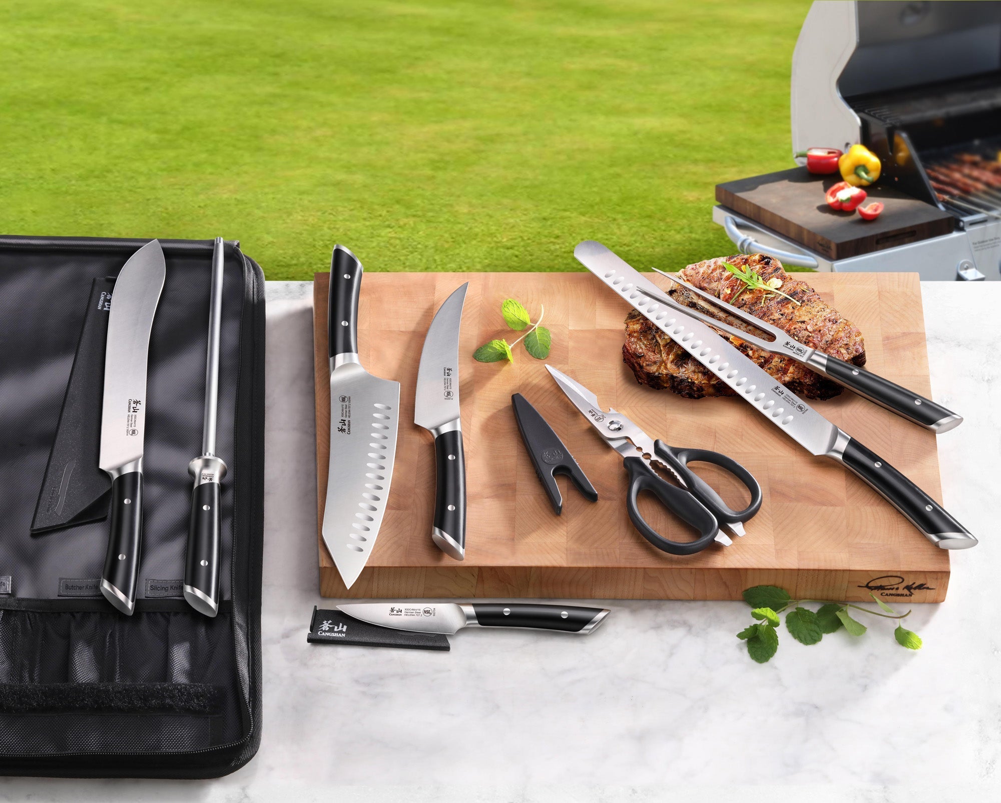 HELENA Series 9-Piece BBQ Knife Set with Black Bag, Forged German Steel