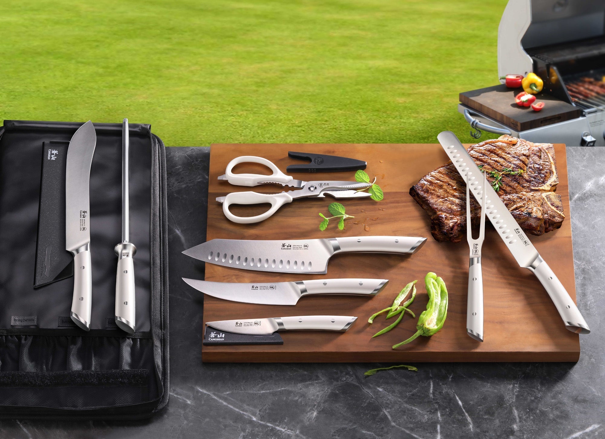 HELENA Series 9-Piece BBQ Knife Set with Black Bag, Forged German Steel