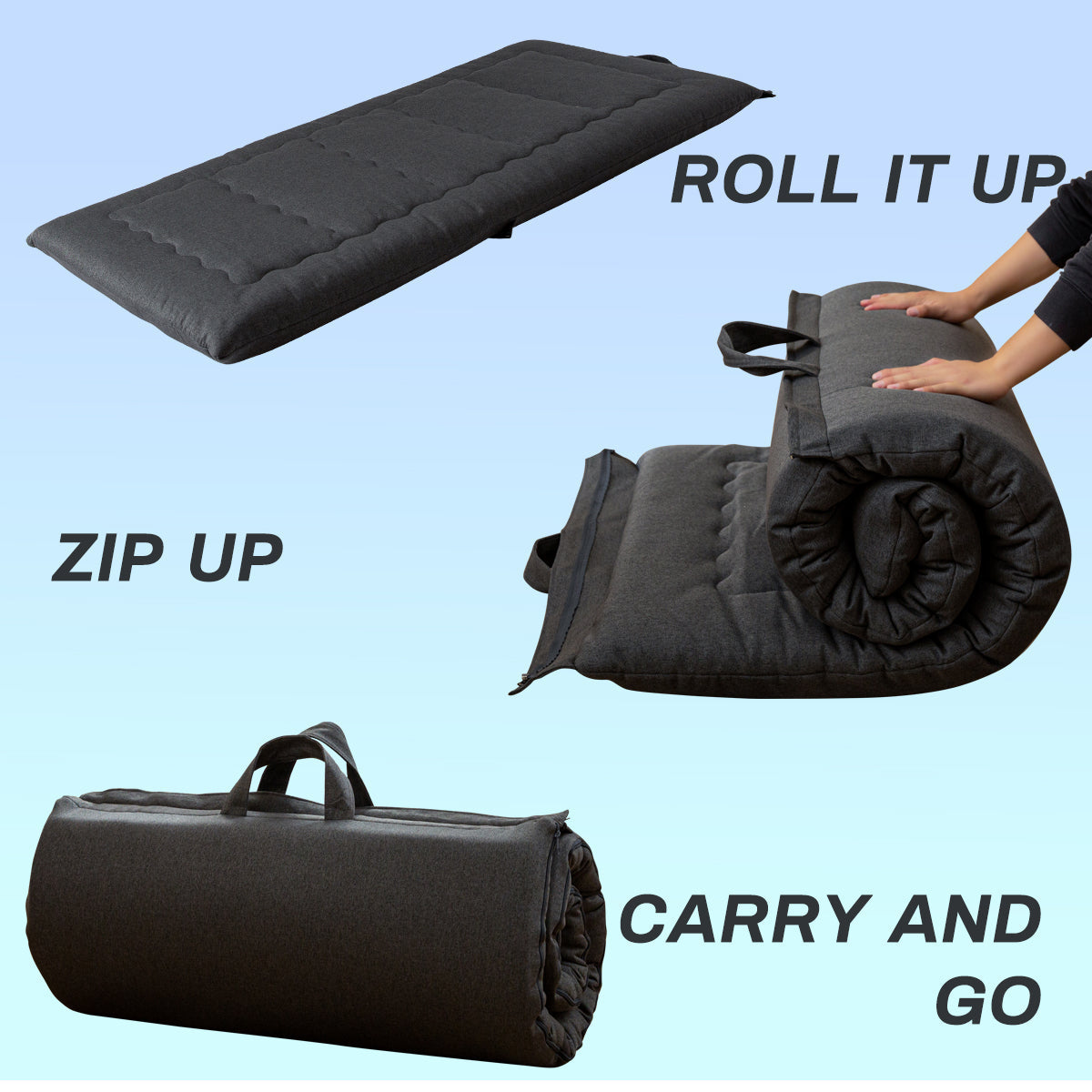 MAXYOYO Roll Up Camping Mattress, Carry Handle Foldable Futon Mattress Outdoor Indoor Roll Out Pad, Dark Grey