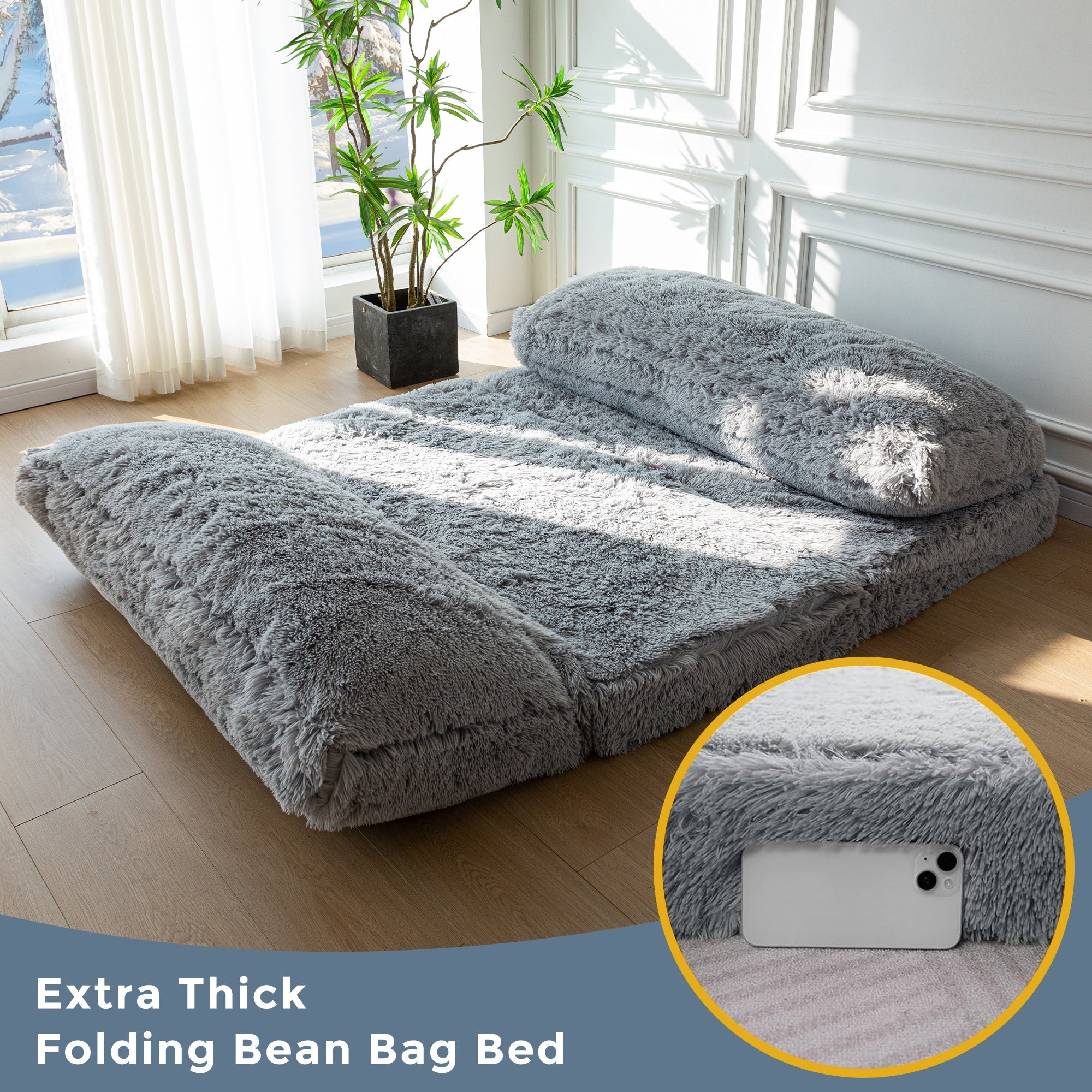 MAXYOYO Bean Bag Folding Floor Sofa Bed, Faux Fur Foam Filling Wall Couch Sleeper Chairs, Grey