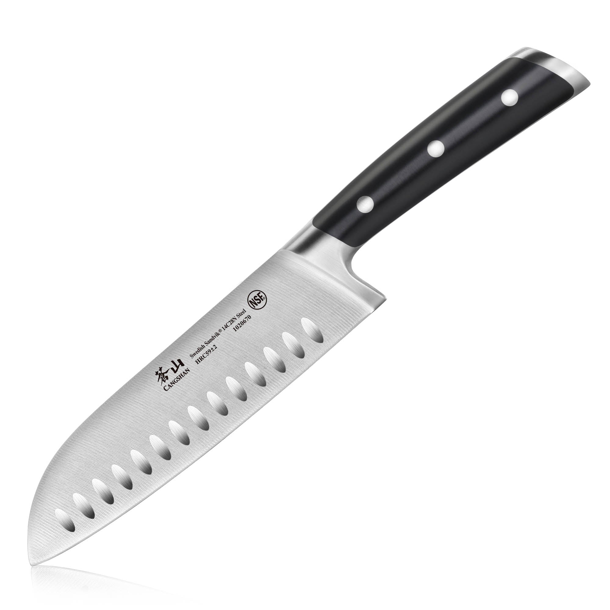 TS Series 7-Inch Santoku Knife with Wood Sheath, Forged Swedish 14C28N Steel, 1020687