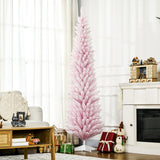 HOMCOM 7' Decorated Christmas Tree Snow Flocked Artificial Christmas Tree with Pencil Shape, Realistic Branches, Pink